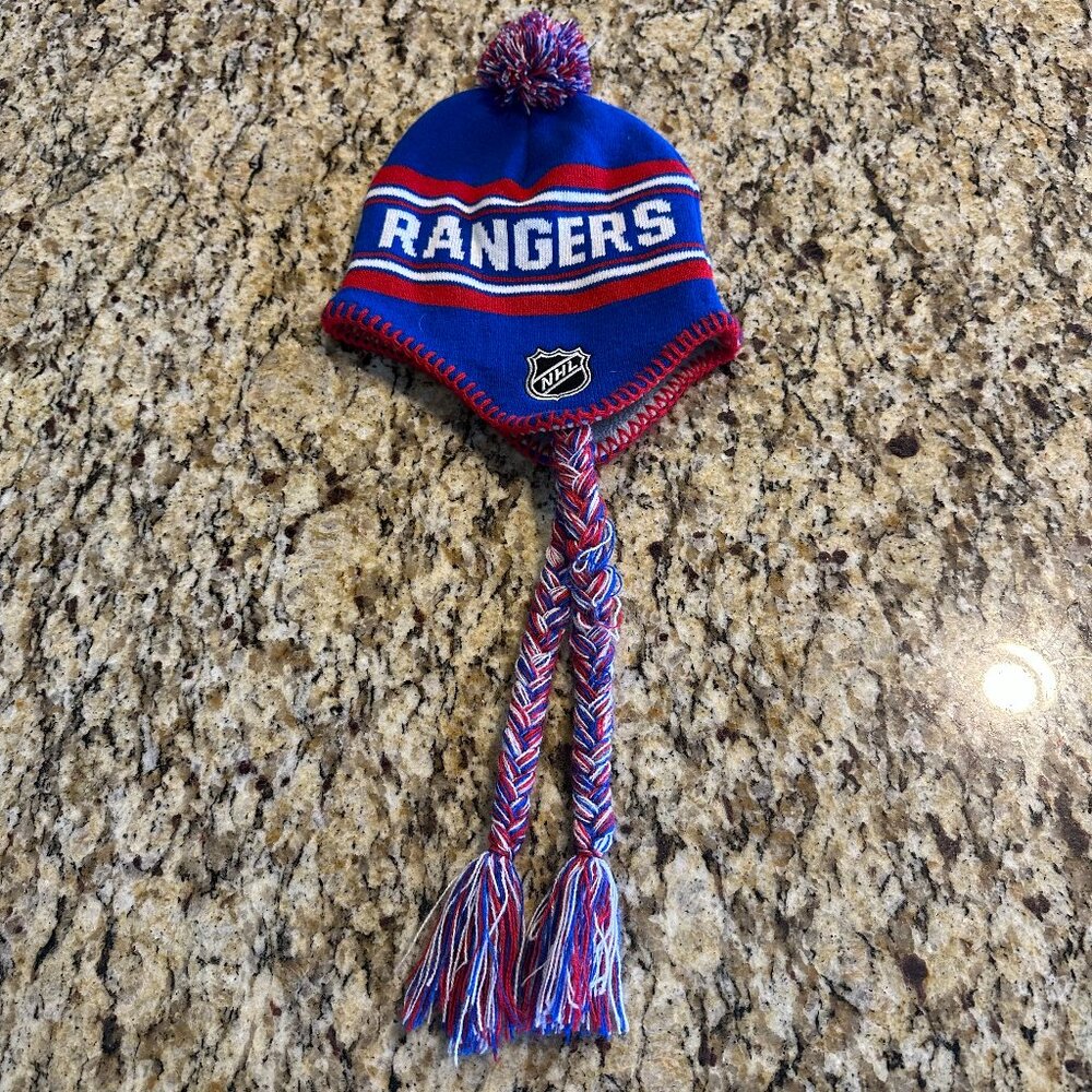 New York Rangers Youth Jacquard Tassel Knit Hat with Pom Blue NHL Hockey Beanie - Picture 2 of 3